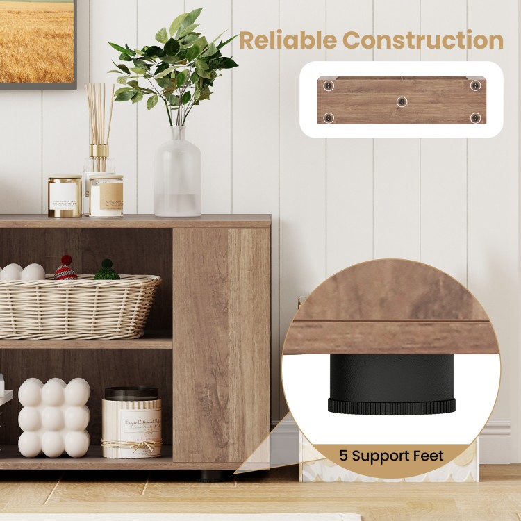Wooden TV stand with 8 open shelves, light gray finish, featuring reliable construction and 5 support feet for.