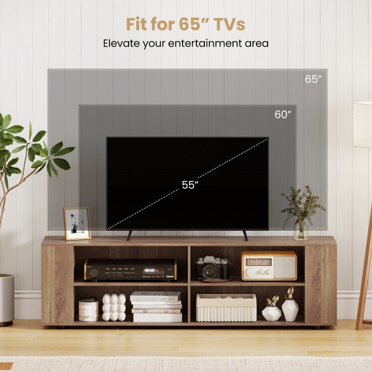 Wooden TV stand in light gray with 8 open shelves, designed for TVs up to 65 inches, perfect for living room storage.