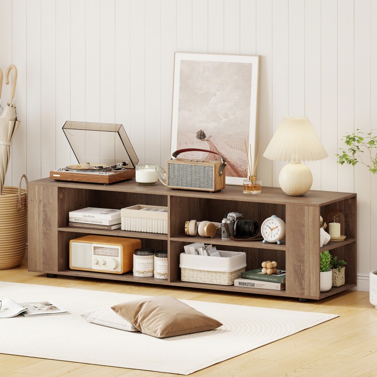 Wooden TV stand with 8 open shelves in light gray, designed for TVs up to 65 inches, perfect for modern living rooms.