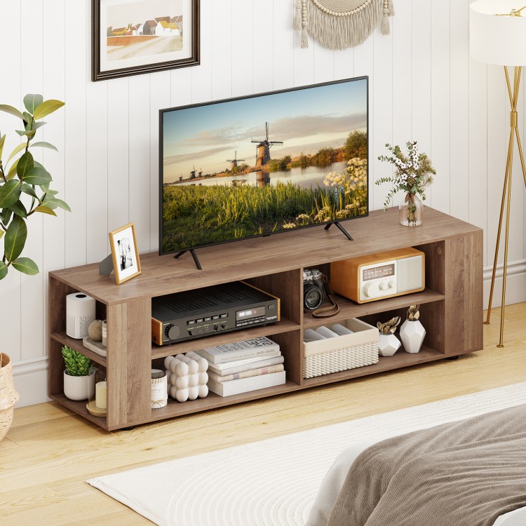 Wooden TV stand in light gray with 8 open shelves, designed for TVs up to 65 inches, ideal for living room organization.
