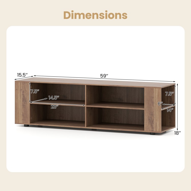 Wooden TV stand dimensions showing 59" length, 8 open shelves, and adjustable shelf for TVs up to 65 inches.