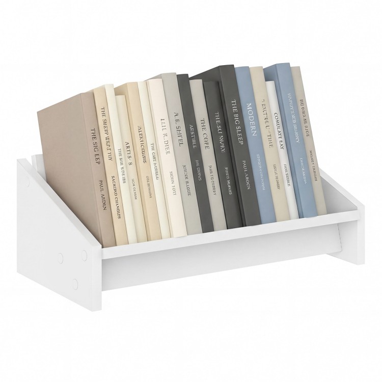 Wooden tilting bookcase in white displaying organized books, perfect for desktop storage and modern home decor.