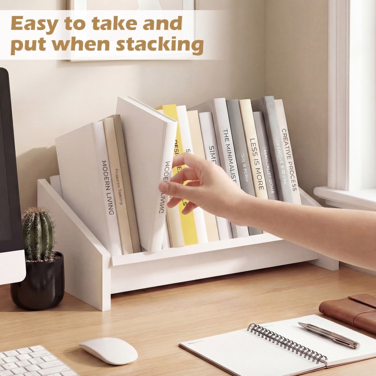 Wooden tilting bookcase organizer in white, designed for easy access to books and magazines on a desktop.