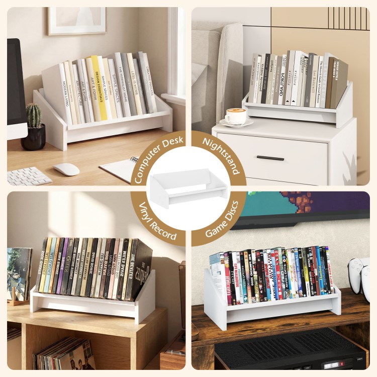 Small white wooden tilting bookshelf organizer for magazines and books, ideal for desktop or tabletop use.