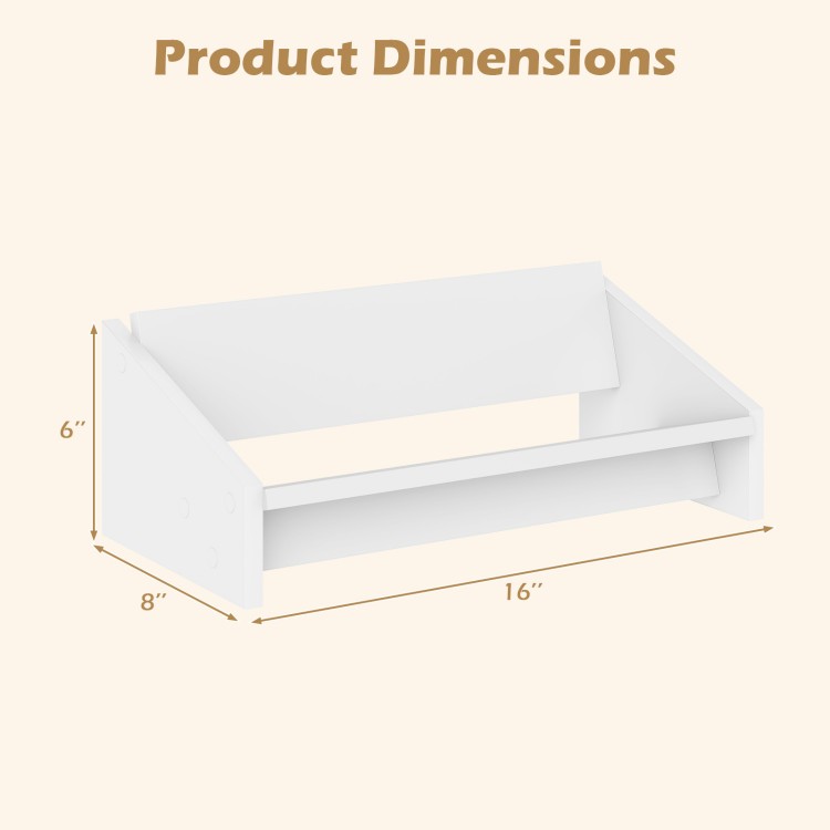 Wooden tilting bookcase dimensions showing 6" height, 8" depth, and 16" width, ideal for desktop organization.