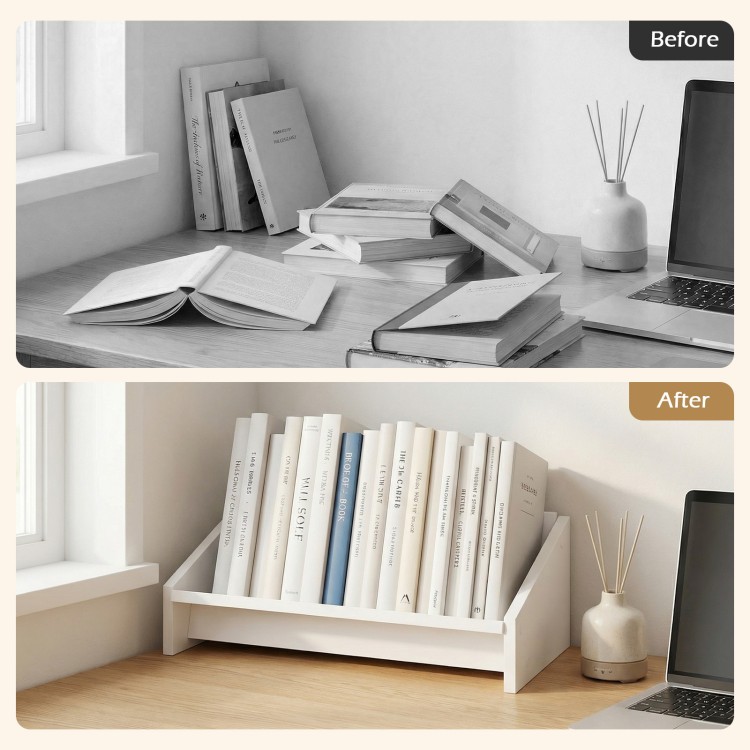 Wooden tilting bookcase in white, showcasing organized books on a desktop for a tidy and elegant workspace.