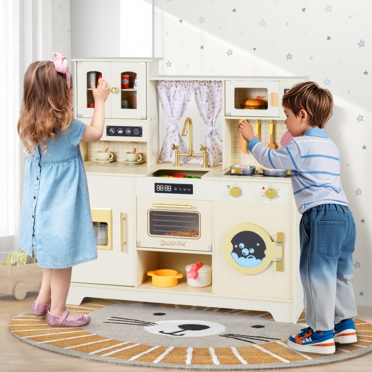 Wooden toy kitchen playset in beige with 14 accessories, featuring an oven, sink, and realistic stove sounds for.