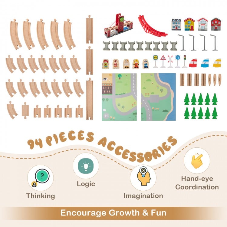 Wooden train set accessories including tracks, figures, and vehicles for imaginative play and creativity development.