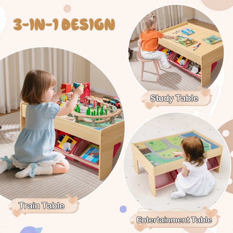 Wooden train set table featuring reversible tabletops, storage drawers, and accessories for imaginative play.