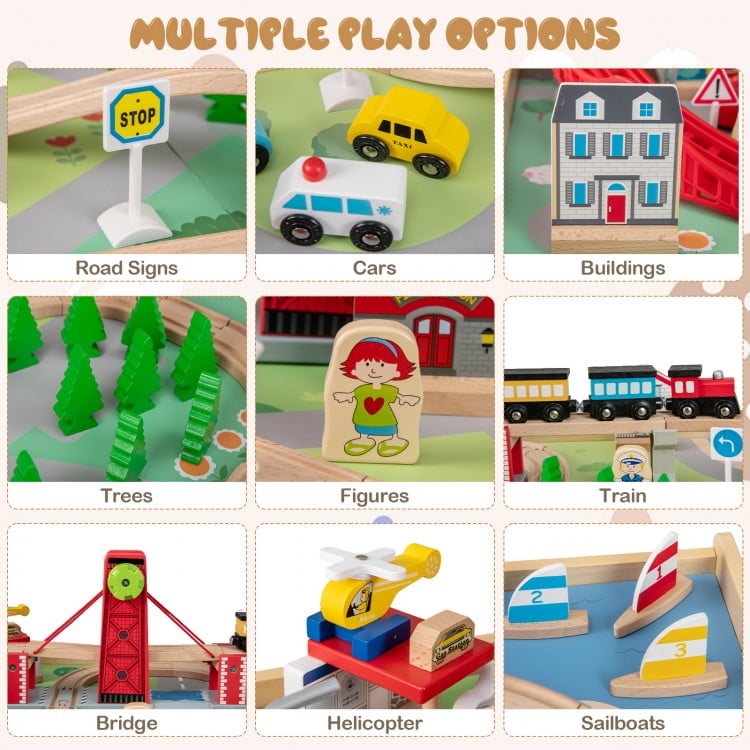 Wooden train set table featuring reversible tabletops, vehicles, figures, and accessories for imaginative play.