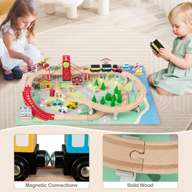 Wooden train set table with reversible tabletops, solid wood tracks, and 94 accessories for imaginative play.