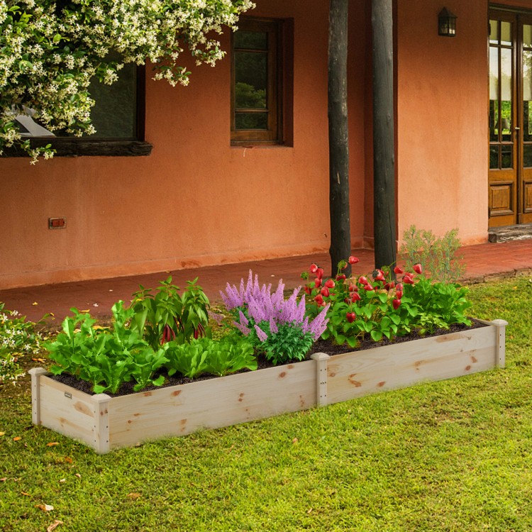 Wooden vegetable raised garden bed showcasing vibrant plants, made of solid fir wood, perfect for outdoor gardening.