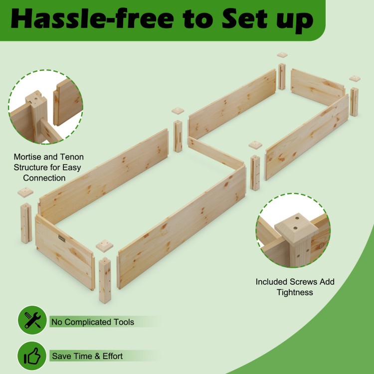 Wooden vegetable raised garden bed assembly with mortise and tenon structure for easy setup in backyard or patio.