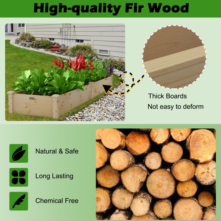 Wooden vegetable raised garden bed made of solid fir wood, featuring thick boards for durability, ideal for outdoor.