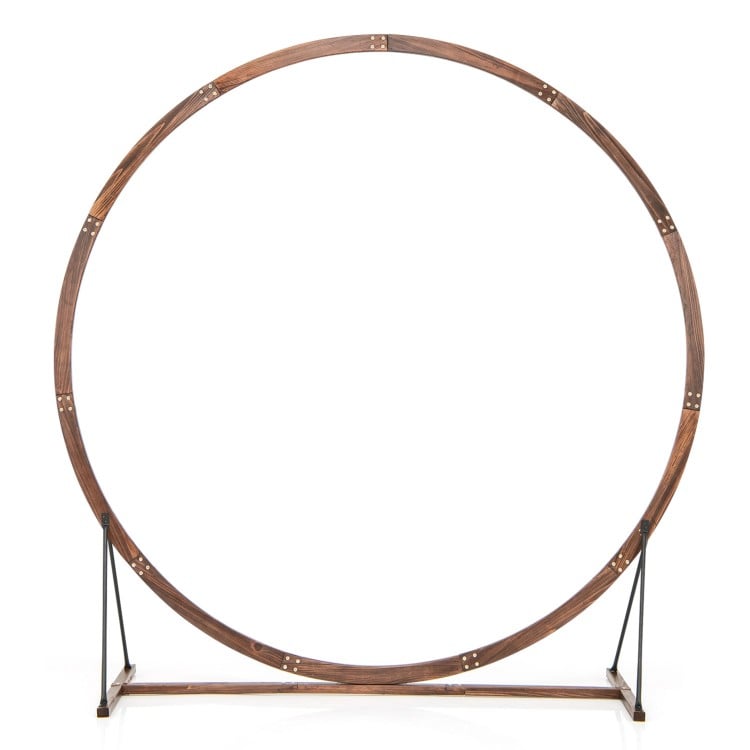 Round wooden wedding arch made of fir wood, sturdy and smooth, ideal for outdoor ceremonies and event decor.