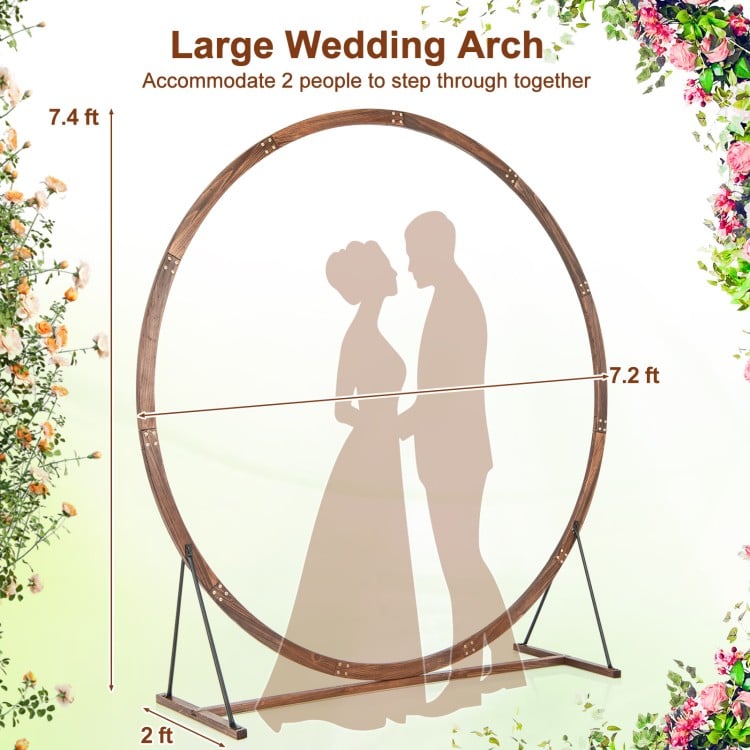 Large wooden wedding arch in round shape, 7.4 ft tall, ideal for ceremonies and outdoor decor, sturdy fir wood.