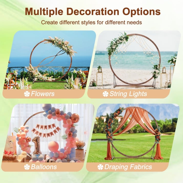 Wooden wedding arch backdrop stand in round shape, crafted from natural fir wood, ideal for outdoor ceremonies and.