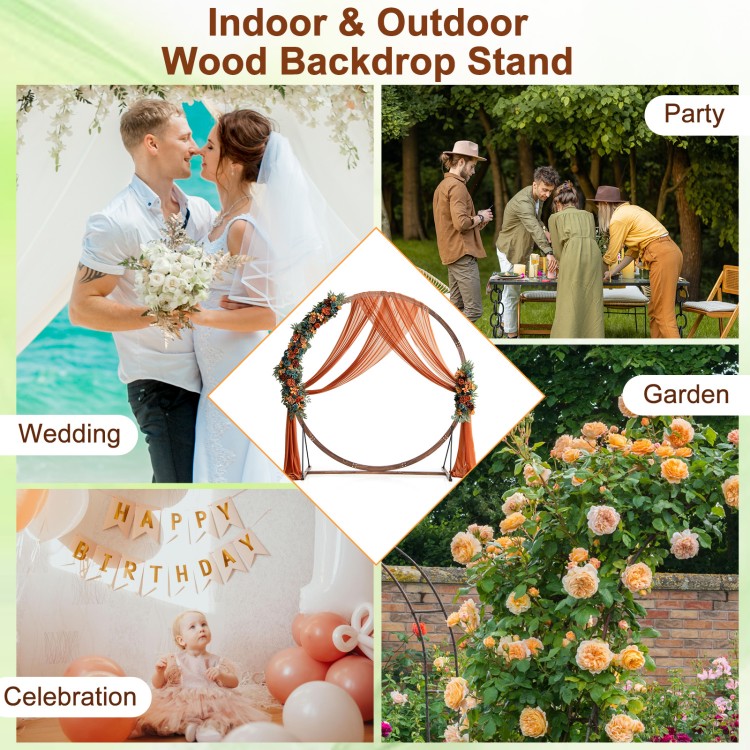 Wooden wedding arch backdrop stand in round shape, crafted from natural fir wood, ideal for indoor and outdoor.