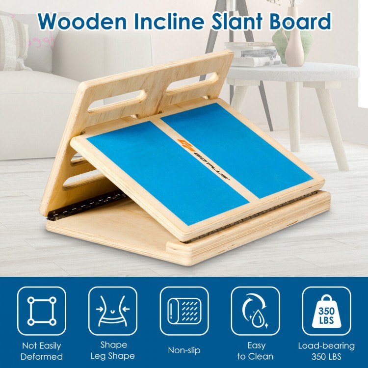 Adjustable wooden slant board for calf stretching, made of multilayer plywood, supports 350 lbs, foldable for easy.