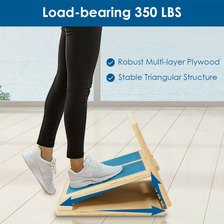 Adjustable slant board for calf stretching, made of heavy-duty plywood, supports 350 lbs, features anti-skid tread.