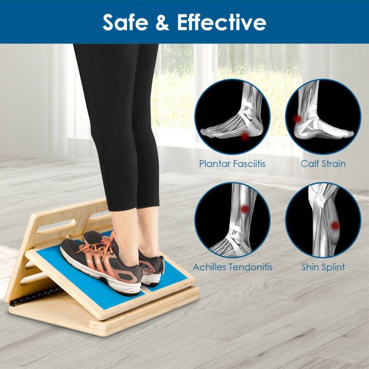 4-level adjustable slant board for calf stretching, made of heavy-duty plywood, with anti-skid tread for safety.