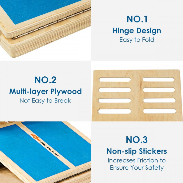 Adjustable slant board made of multilayer plywood, featuring a foldable design and anti-slip stickers for safety.