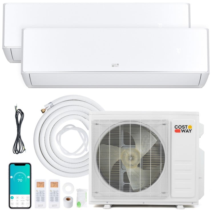 X-Pro 18000 BTU mini split AC system with heat pump for 2 zones, featuring inverter technology and smartphone control.