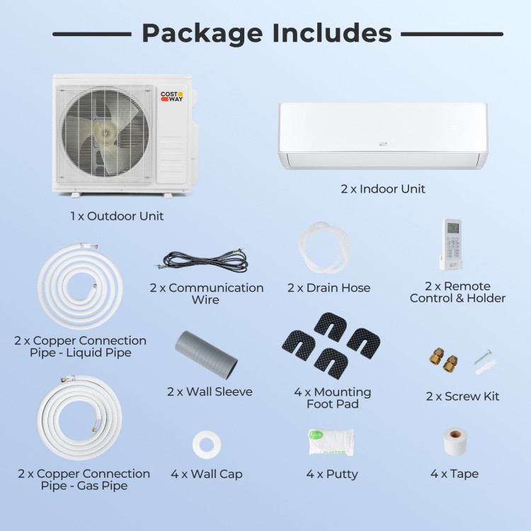 X-Pro 18000 BTU Mini Split AC package includes 2 indoor units, outdoor unit, and installation accessories for efficient.