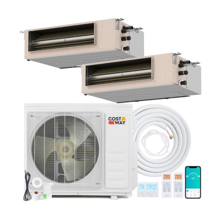 Ducted mini split AC system with 18,000 BTU capacity, featuring dual zones, smart control, and energy-efficient design.