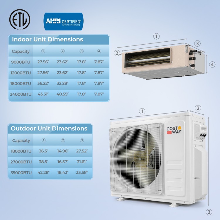 Concealed ducted mini split AC unit with 18000 BTU capacity, featuring inverter technology and smart control options.