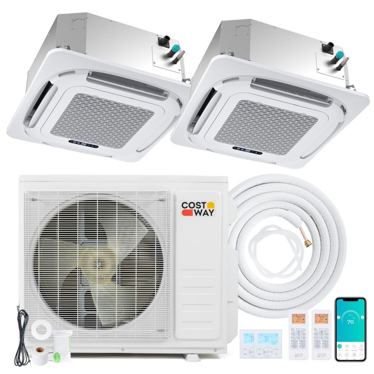Ceiling cassette mini split AC system with two 9K units, 18000 BTU, featuring inverter technology for energy efficiency.