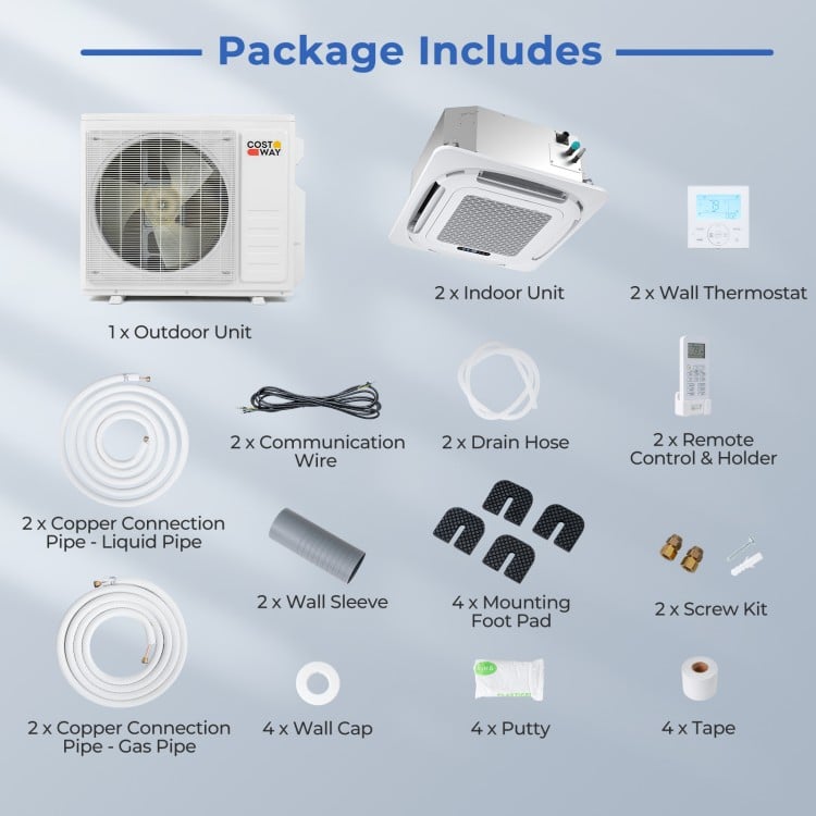X-Pro 18000 BTU ceiling cassette mini split AC package includes indoor and outdoor units, thermostats, and installation.