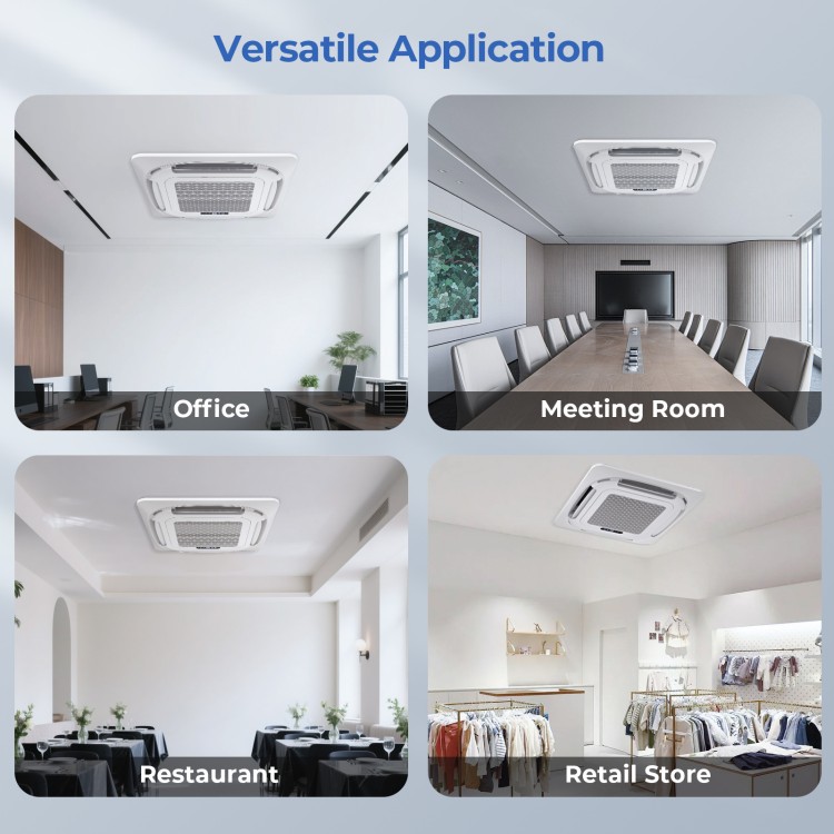 Ceiling cassette mini split AC in various settings: office, meeting room, restaurant, and retail store for versatile.