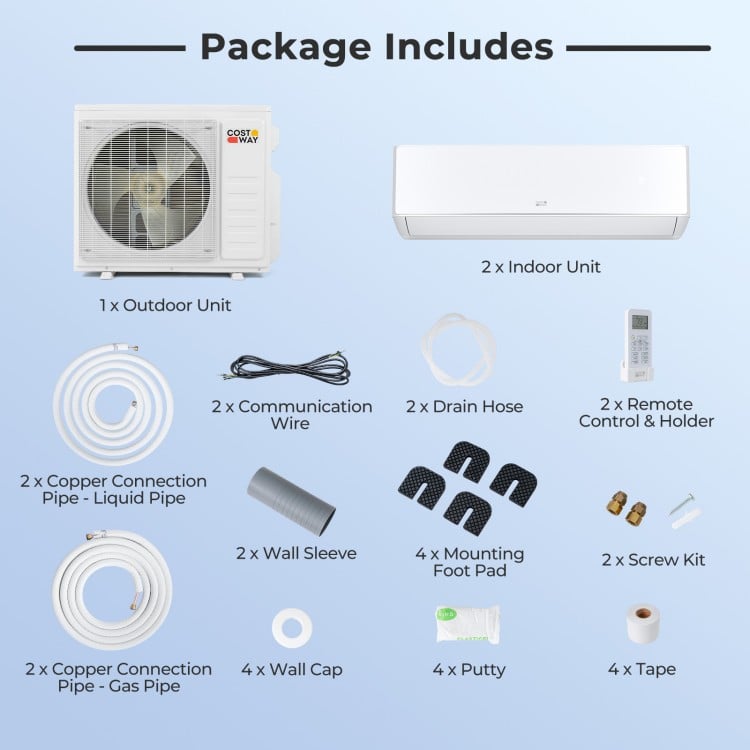 X-Pro 27000 BTU mini split AC package includes outdoor unit, indoor units, and installation accessories for efficient.
