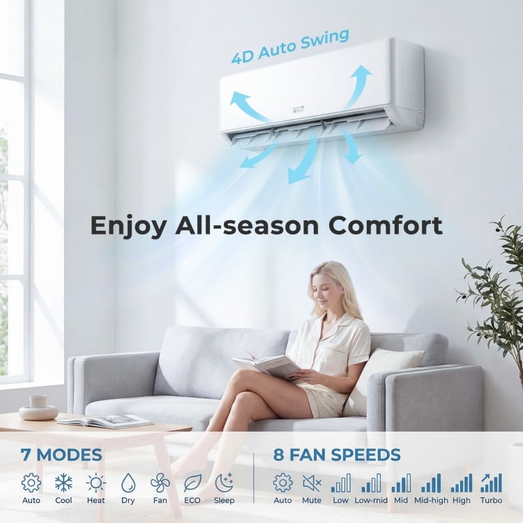 X-Pro 27000 BTU Mini Split AC with Heat Pump, featuring 4D auto swing and 7 modes for year-round comfort.