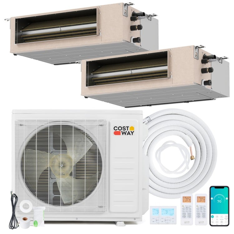Concealed ducted mini split AC system with 2 zones, 27000 BTU, and smart control for homes and offices.