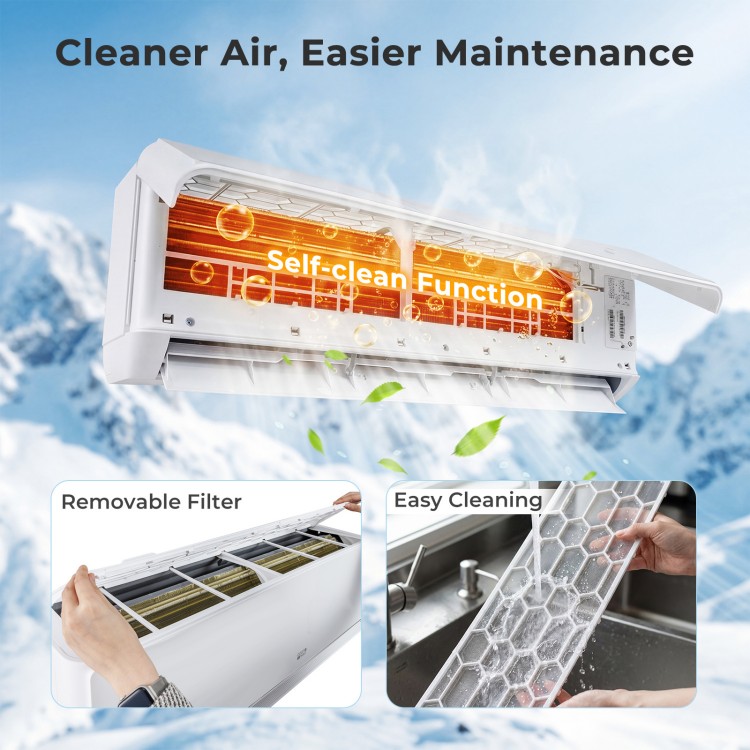 X-Pro 27000 BTU mini split AC with self-clean function and removable filter for easy maintenance and efficient cooling.