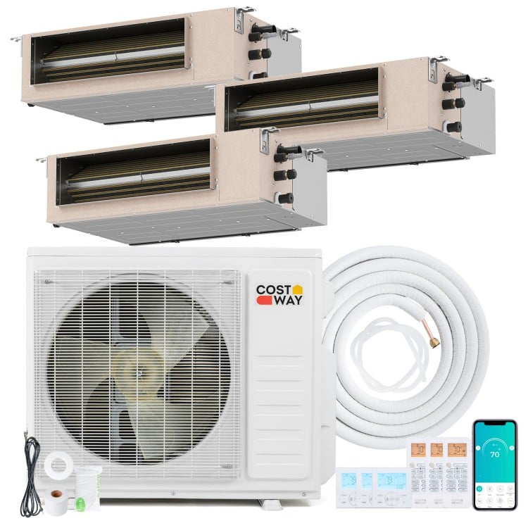 Concealed ducted mini split AC system with 3 zones, 27000 BTU, and smart control for efficient temperature management.