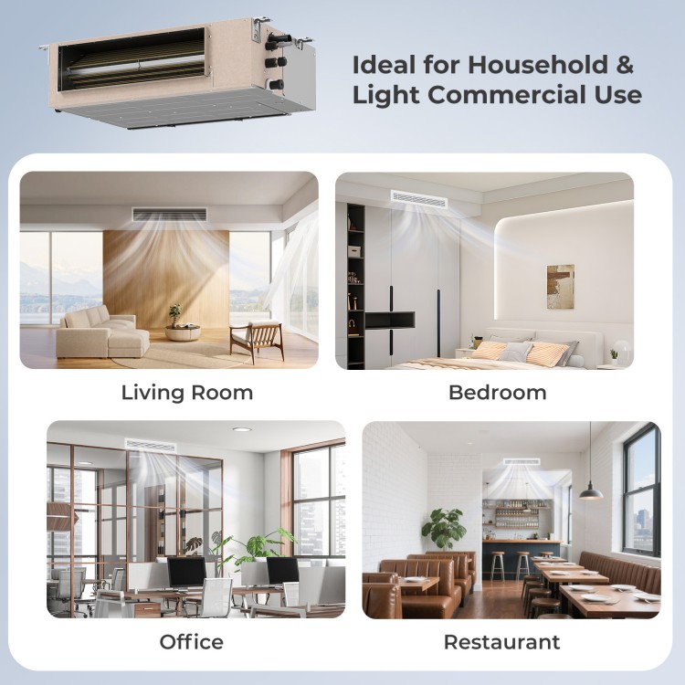 Concealed ducted mini split AC system for 3 zones, ideal for homes and light commercial use with smart control options.