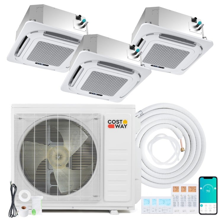 Ceiling cassette mini split AC system with 3 zones, 27000 BTU, featuring inverter technology and remote control.
