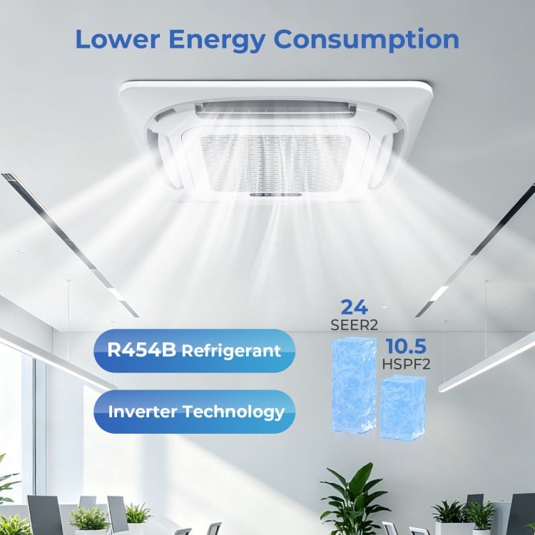 Ceiling cassette mini split AC showcasing 24 SEER2 efficiency, R454B refrigerant, and inverter technology for energy.