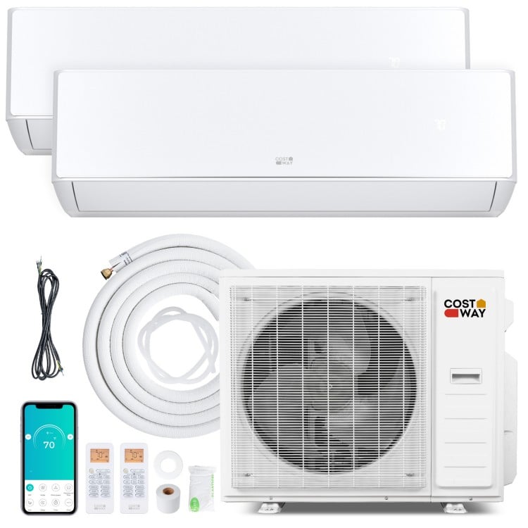 X-Pro 35000 BTU mini split AC system with heat pump for 2 zones, featuring inverter technology and smartphone control.
