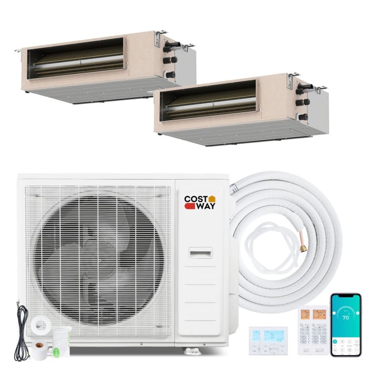 Concealed ducted mini split AC system with 35,000 BTU, featuring dual zones and smart control for efficient cooling.
