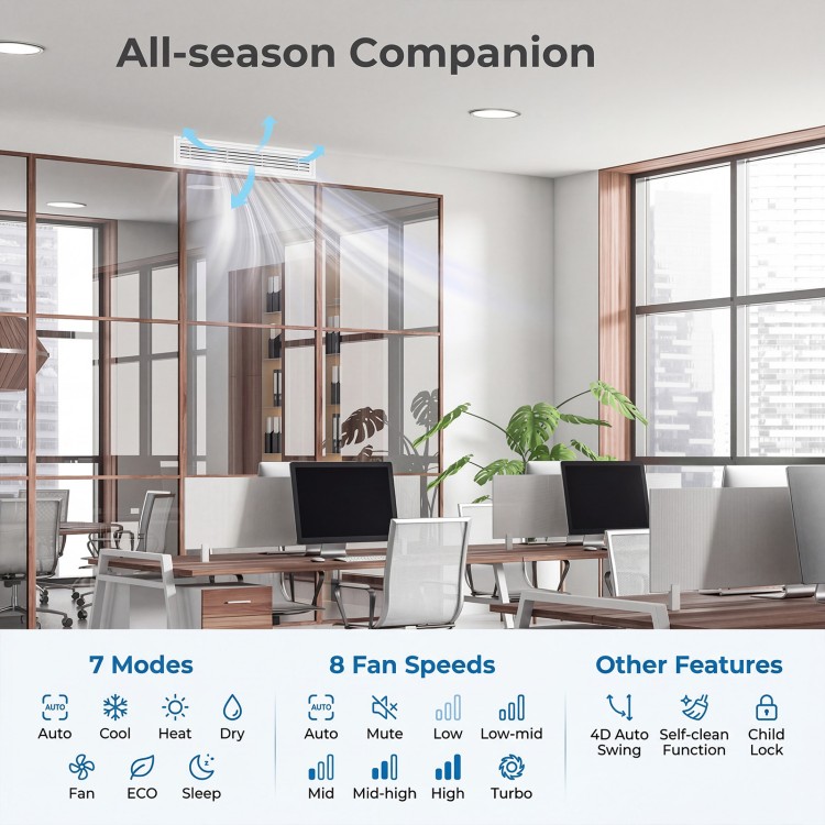 X-Pro concealed ducted mini split AC with 7 modes, 8 fan speeds, and smart control for optimal comfort in offices.