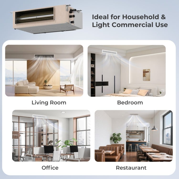 Concealed ducted mini split AC unit for 2 zones, featuring 35000 BTU and 22.5 SEER2, ideal for homes and offices.