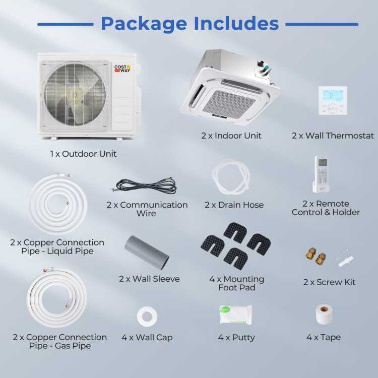 Ceiling cassette mini split AC system with 2 indoor units, remote control, and versatile installation options for.