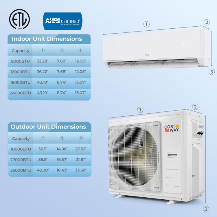 X-Pro 35000 BTU mini split AC system with heat pump, showcasing indoor and outdoor unit dimensions for efficient.