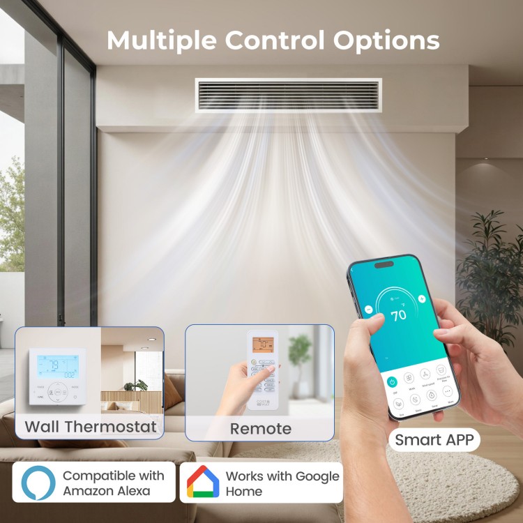 X-Pro 35000 BTU concealed ducted mini split AC with remote, wall thermostat, and smart app for versatile temperature.