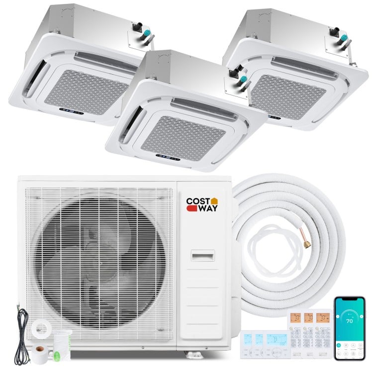 Ceiling cassette mini split AC system with three 9K units, featuring 22.5 SEER2 efficiency for homes or offices.