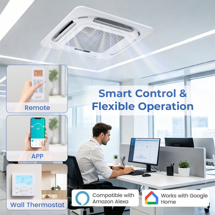 Ceiling cassette mini split AC with remote control, 3 zones, 22.5 SEER2, and whisper-quiet operation for year-round.
